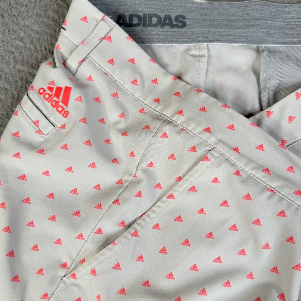 ADIDAS Chino Shorts 42 x 9" Pink White Performance Gripper Waist Logo Spellout